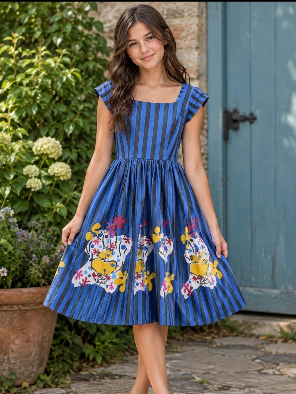 Blue Striped Clown Print Girls' Mary Blair Dress Spring/Summer/Fall Party Dress